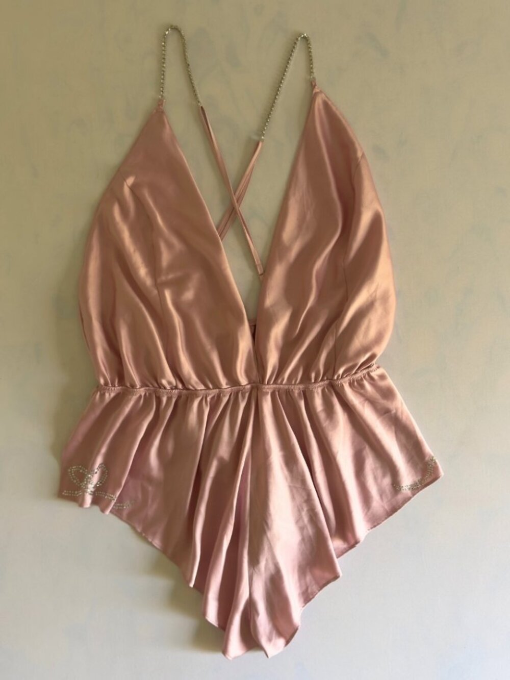 Victoria's Secret Pink Rhinestone Bow Open Back Satin Flutter Romper
